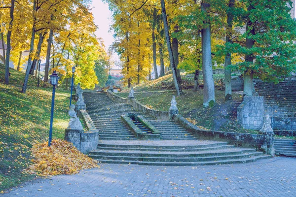 City Cesis Letonia Antiguo Parque Casttle Otoño Hojas Amarillas Escaleras — Foto de Stock