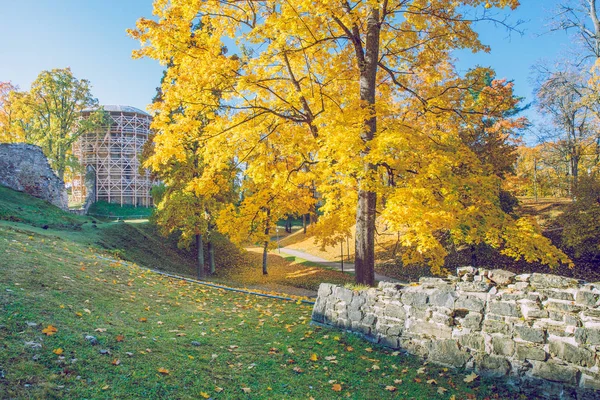 City Cesis Letonia Antiguo Parque Casttle Otoño Hojas Amarillas Ruinas — Foto de Stock