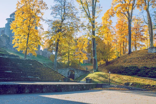 Stad Cesis Letland Oude Casttle Park Herfst Gele Bladeren Ruïnes — Stockfoto