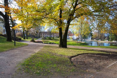 Şehir Cesis, Letonya. Eski park sonbahar. Sarı yapraklar ve mimarisi. Tarihi park. Seyahat fotoğraf 2018.