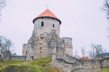 Şehir Cesis, Letonya. Eski Casttle Park'ta sonbahar. Sarı yapraklar, kale ve mimarisi. Seyahat fotoğraf 2018.