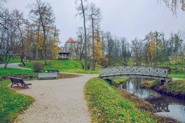 City Cesis Letónia Old Casttle Park Outono Folhas Amarelas Castelo — Fotografia de Stock