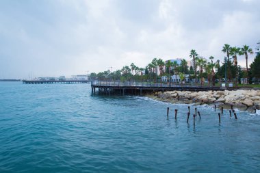 Şehir Paphos, Kıbrıs. Plaj ve masmavi bir deniz. Seyahat fotoğraf 2018, Aralık. Manzara ve doğa.