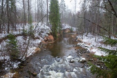 Şehir Cesis, Letonya, nehir Amata. Kırmızı kayalıklarla ve kışın nehir. Kar ve kayalar, seyahat fotoğraf 2018. 30. Aralık.