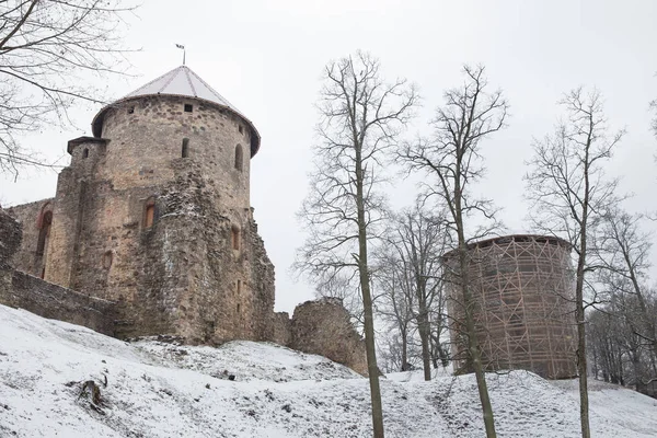 Şehir Cesis, Letonya. Eski kasaba kaleler, park ve kentsel. Kış ve kar. Seyahat fotoğraf 2018, 31. Aralık.
