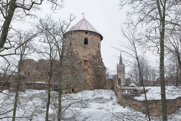 Şehir Cesis, Letonya. Eski kasaba kaleler, park ve kentsel. Kış ve kar. Seyahat fotoğraf 2018, 31. Aralık.