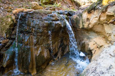 Şelale ve Kumada Nehri. Ağaçlar ve su. Seyahat fotoğrafı 2019.