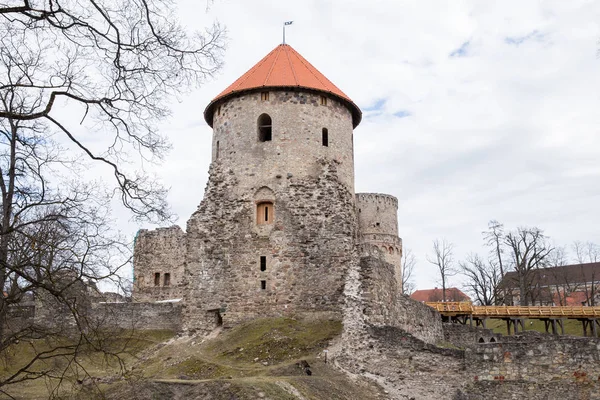 İlkbaharda eski kale ve kayalar. Doğa ve tarihi bina. Tr