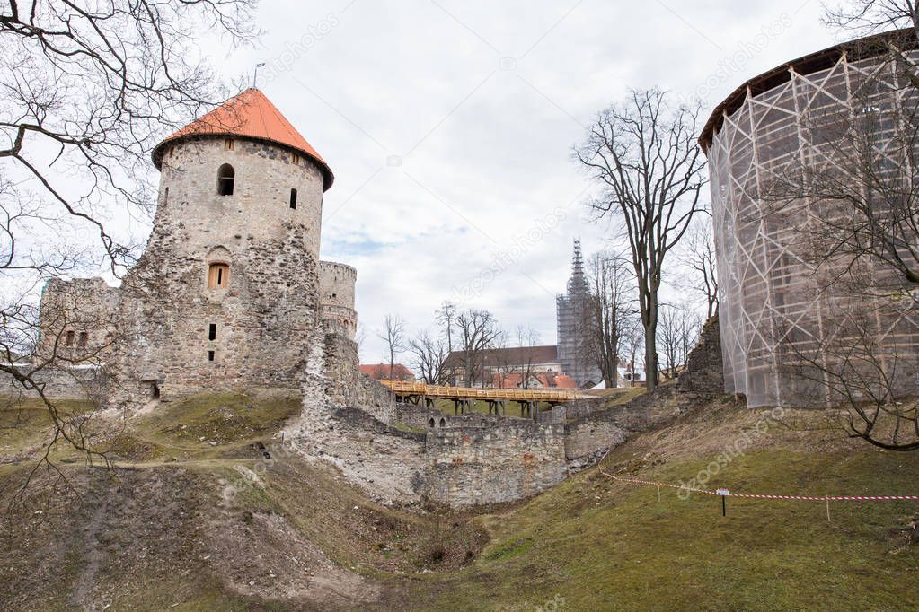 Old castle and rocks in spring. Nature and historic building. Tr