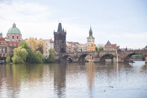 Eski Charles köprüsü ve binalar. Parıltılı Vltava Nehri. Trave