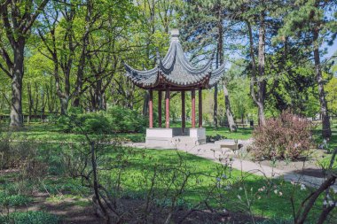 City Riga, Letonya Cumhuriyeti. Çin çardak ile şehir parkı. Ağaçlar bir