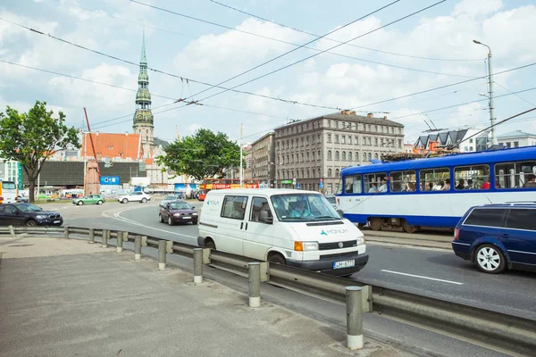 City Riga, Latvian Republic. City view from bridge. Way with car — Stock Photo, Image