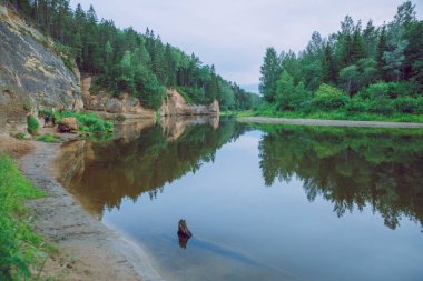 City Cesis, Letonya Cumhuriyeti. Kırmızı kayalar ve Gauja Nehri. Doğa  