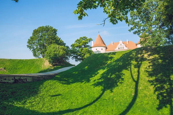 Ciudad Bauska, República de Letonia. Parque con castillo viejo. Árboles y gr — Foto de Stock