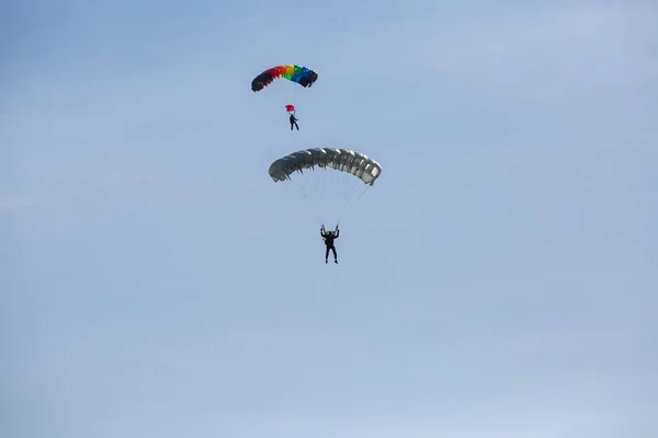 ラトビア共和国のリガ市 市の祭りに敬意を表してAvioショー パラシューティストは目標にパラシュートで着陸する 2020 — ストック写真