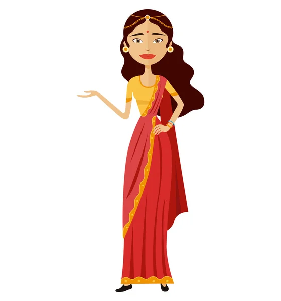 Indická žena představuje něco vektorové ilustrace ploché karikatury — Stockový vektor