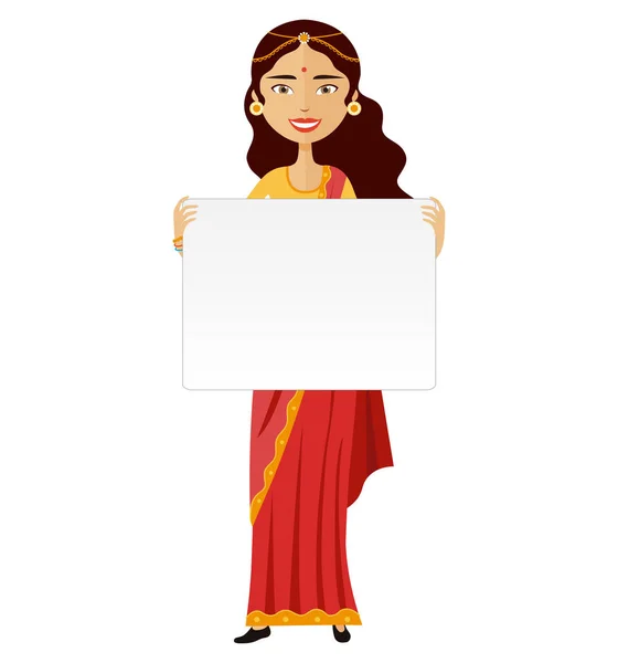 Indisk kvinna stående innehav tomma tecken isolerad på vit vektorillustration — Stock vektor