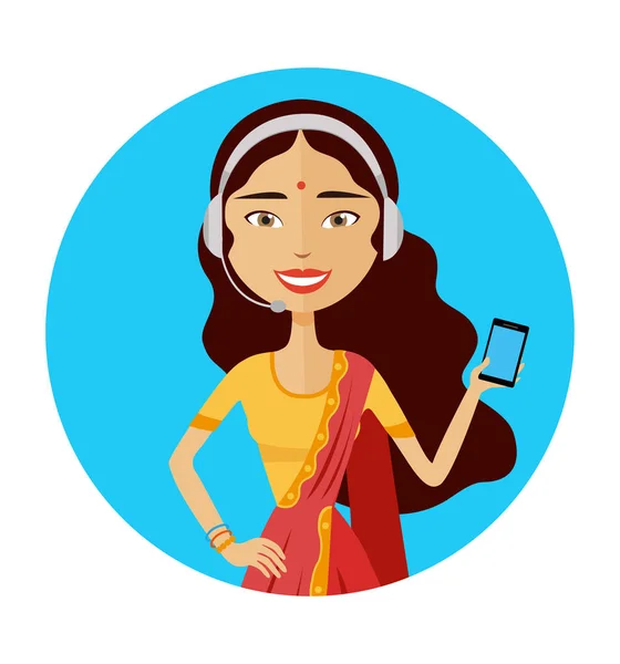 Bilden av leende stöd telefon indisk kvinnlig operatör vektorillustration isolerade — Stock vektor