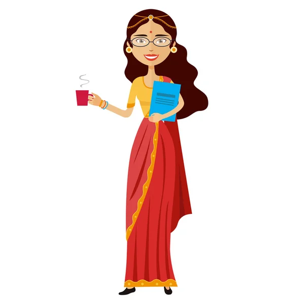 Indyjski biznes kobieta przy filiżance herbaty wektor ilustracja płaskie kreskówka na białym tle — Wektor stockowy