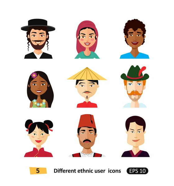 Multicultural nacionales avatares usuarios iconos planos personas internacionales hombres y mujeres en trajes tradicionales vector — Vector de stock