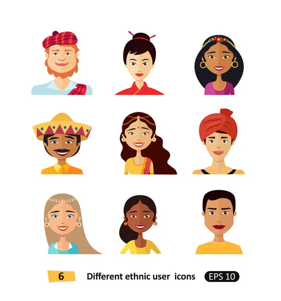 Avatares personas de diversas nacionalidades en trajes tradicionales ilustraciones vectoriales aisladas — Vector de stock