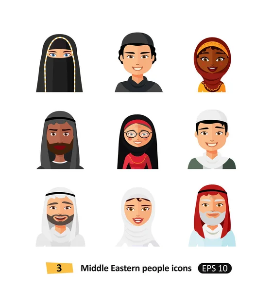 Muzulmán arab nép avatar karakter ikonok beállítása a lapos stílusú elszigetelt különböző Arab etnikai férfi és nő a felhasználók arcok — Stock Vector