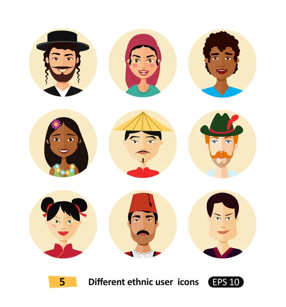 Conjunto de hombre y mujer internacional avatar icono de personas vestidas con ropa nacional plana usuarios iconos — Vector de stock