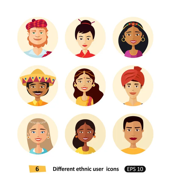 Multicultural Nacionales Étnicos Dibujos Animados Avatares Iconos Planos Conjunto — Vector de stock