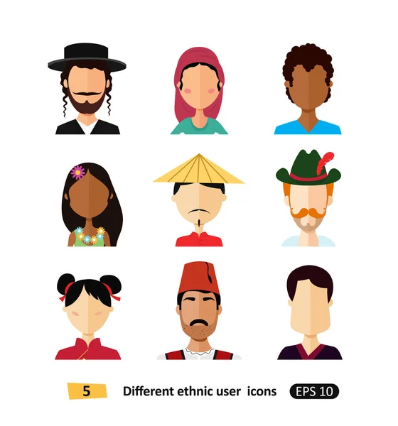 Internacional de hombres y mujeres avatar icono de personas vestidas con ropa nacional plana usuarios iconos — Vector de stock