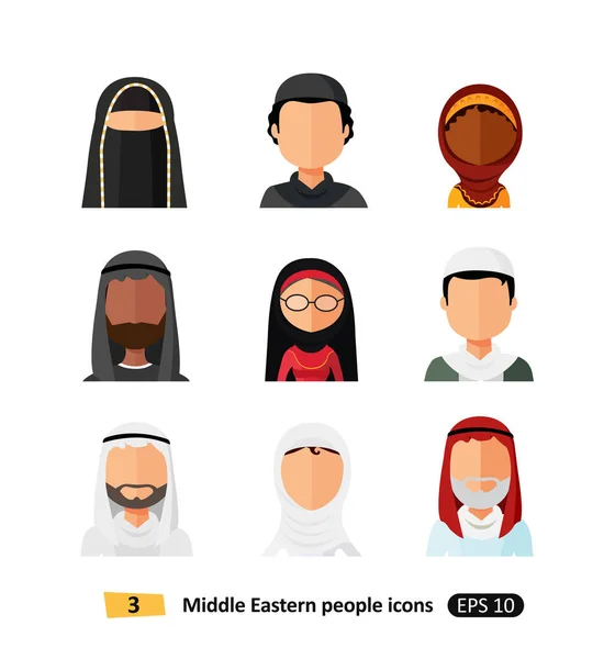Düz stil izole farklı Arap etnik erkek ve kadın kullanıcılar yüzleri Müslüman Arap aile avatarlar Icons set — Stok Vektör