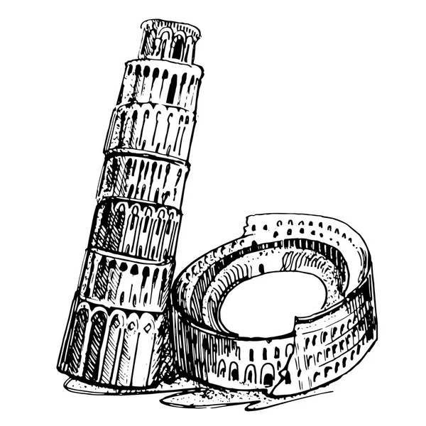 Rome Koloseum i krzywej wieży miasta wektor ręcznie rysunek symbol włoski kompozycji — Wektor stockowy