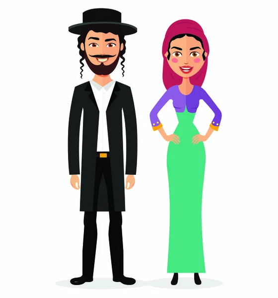 Jewish couple  traditional clothes hasid rabbi rabbin national vector illustration mother, father — Stock Vector