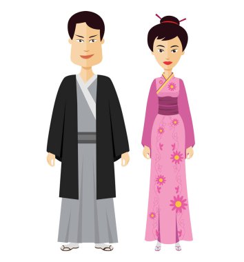 İki Japon insanlar izole Japonya vektör çizim geleneksel kostüm 