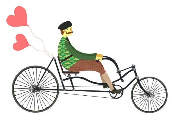 Gentleman auf Retro-Oldtimer-Fahrrad mit Luftballons Herz flache Vektor Illustration — Stockfoto