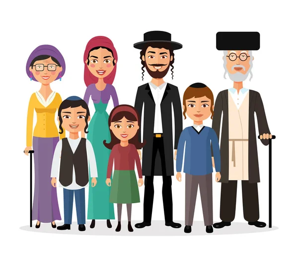 Família judaica feliz juntos desenho animado conceito vetor ilustração isolado no branco —  Vetores de Stock