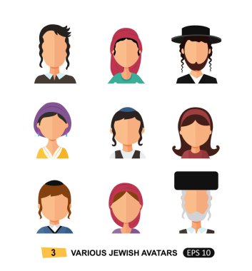 Beyaz izole Yahudi erkek ve kadın insanlar avatarlar kullanıcılar simgesi düz karikatür kavramı vektör 