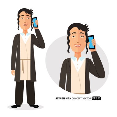 Telefon vektör düz beyaz izole üzerinde konuşan Yahudi adam 