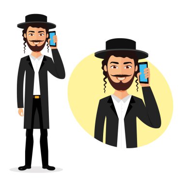 Telefon vektör düz beyaz izole konuşurken Yahudi mutlu adam 