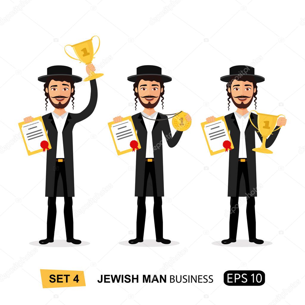 Jewish business man winner success excited smiling male raising trophy prize, medal and certificate concept cartoon isolated on white background
