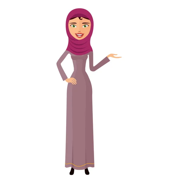 Mulher árabe em hijab vermelho apresentando algo cartoon ilustração vetorial isolado em um fundo branco —  Vetores de Stock