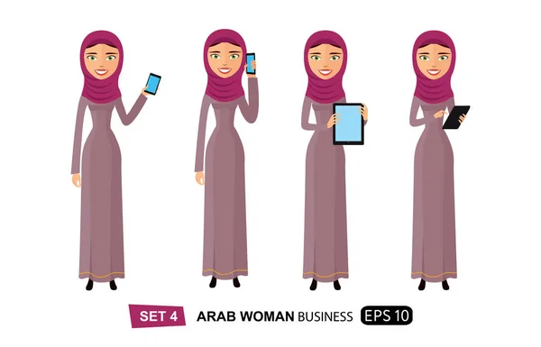 Αραβικά γυναίκα cartoon στέκεται με tablet έννοια επίπεδη διάνυσμα απομονωθεί σε λευκό — Διανυσματικό Αρχείο