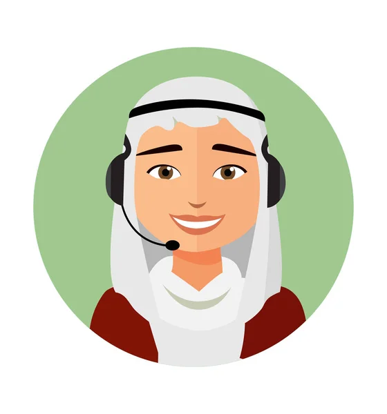 Arab ember call center operátor fejhallgató ikon ügyfél szolgáltatások telefon segítség vektoros illusztráció — Stock Vector