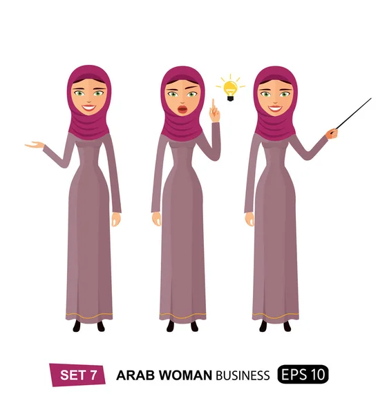 Αραβικά γυναίκα να πάρετε μια ιδέα κυρία παρουσιάζοντας κάτι επίπεδη διάνυσμα απομονωθεί σε λευκό — Διανυσματικό Αρχείο