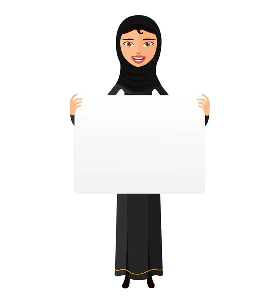 Arabská žena držící znak nebo banner izolovaných na bílém pozadí vektor — Stockový vektor
