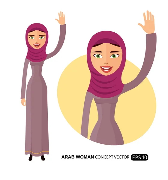 Αραβικά νεαρή γυναίκα κουνώντας το χέρι της ευτυχισμένος χαρακτήρας κινουμένων σχεδίων επίπεδη διάνυσμα απομονωθεί σε λευκό — Διανυσματικό Αρχείο