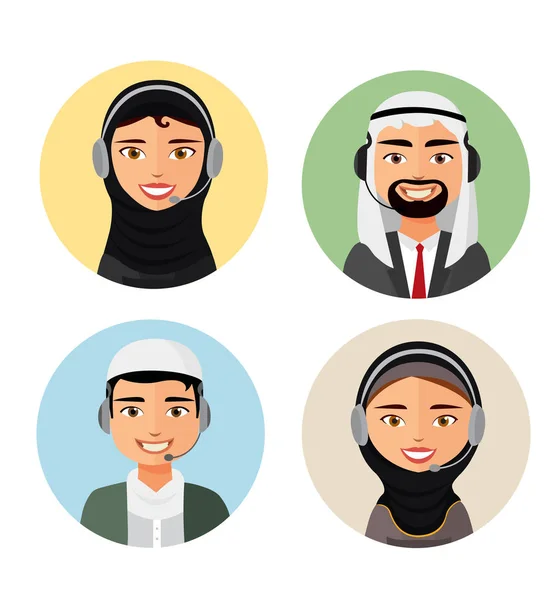 Call center operator with headset arab people icon and client services customer support phone vector arab  man and woman. — Stock Vector