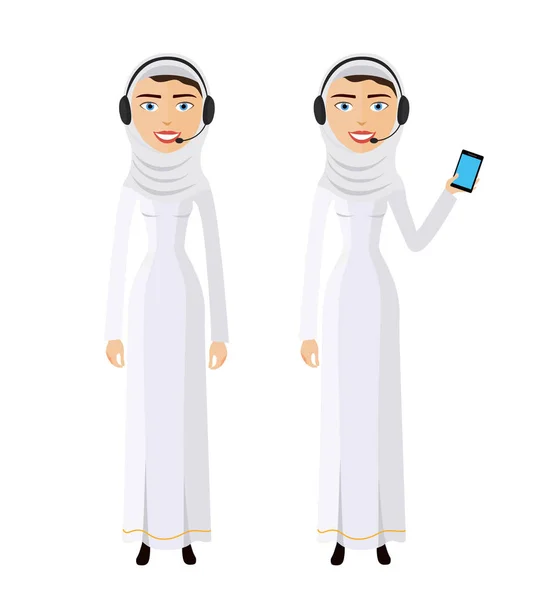 Arabe heureux femme parler sur le téléphone mobile vecteur plat isolé sur blanc — Image vectorielle