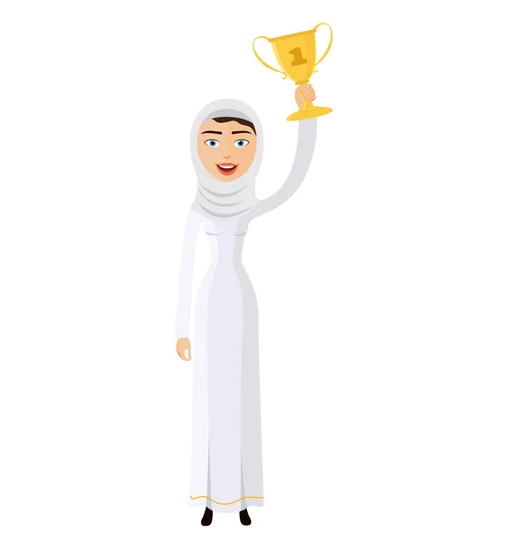 Beyaz arka plan üzerinde izole Arap kadın kazanan başarı heyecanlı yükselterek kupa Ödülü, madalya ve sertifika çizgi film — Stok Vektör