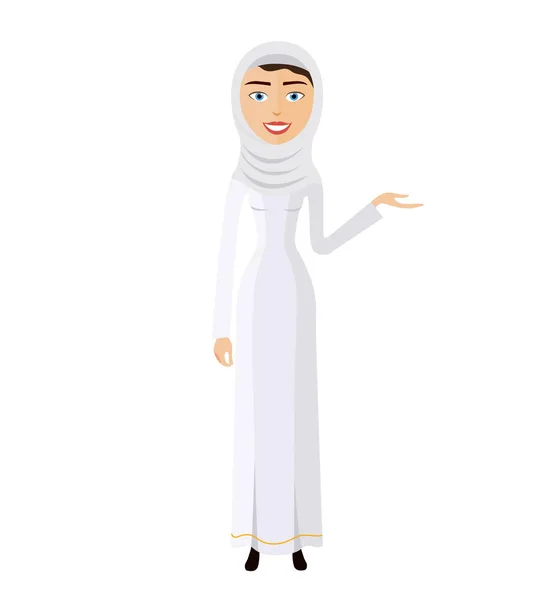 Femme arabe en hijab blanc présentant quelque chose illustration vectorielle de dessin animé isolé sur un fond blanc — Image vectorielle