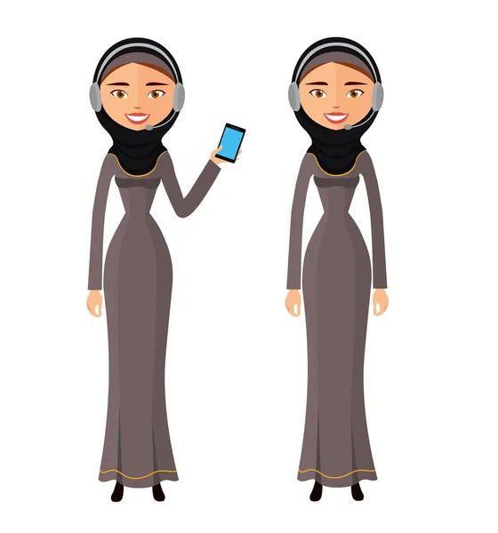 Árabe feliz mulher falando no telefone celular vetor plana isolado no branco — Vetor de Stock